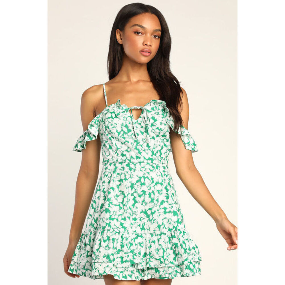 Lulus Ring In Spring Green Floral Print Cold Shoulder Mini Dress - Size L